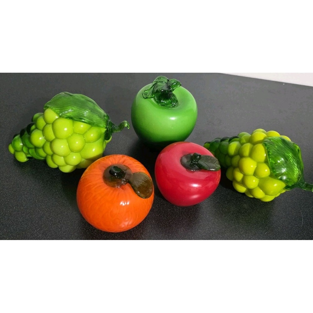 Setโ Of 5 Vintage Murano Style Glass Hand Blown Fruit Grapes Apple Orange Decor